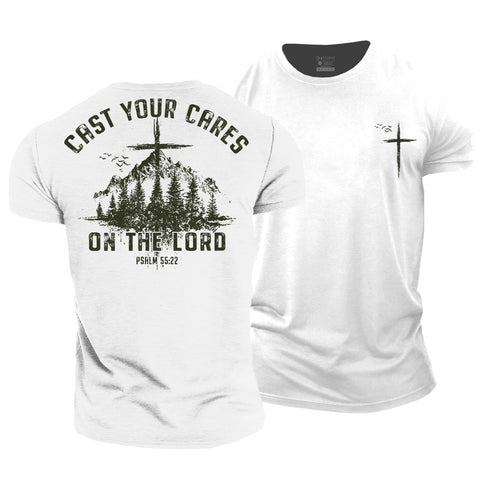 White t-shirt with nature graphic and text on front and back